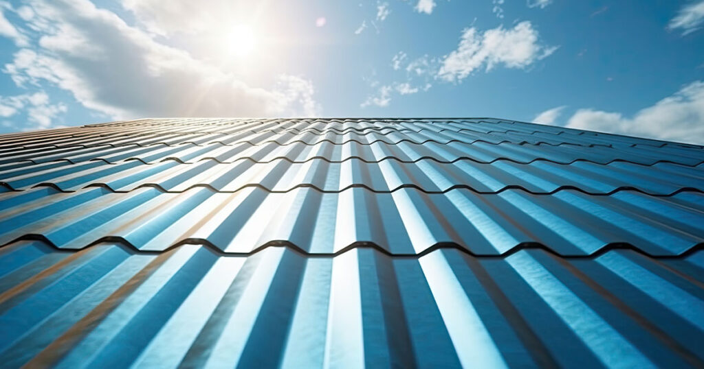 Roof metal sheet with a sky with clouds. Metal Roofing Material