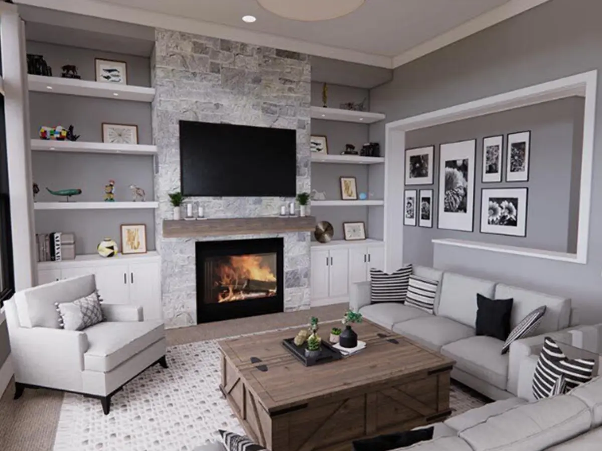small living room in white and gray tones, white sofas with black and striped pillows, gray walls, small wood coffe table, fireplace, white cabinets and TV on the wall
