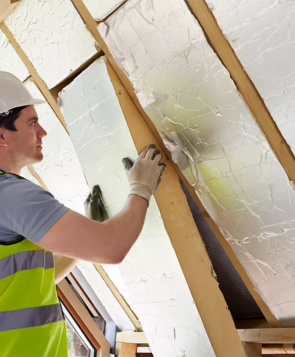 Builder Fitting Insulation Into Roof Of New Home