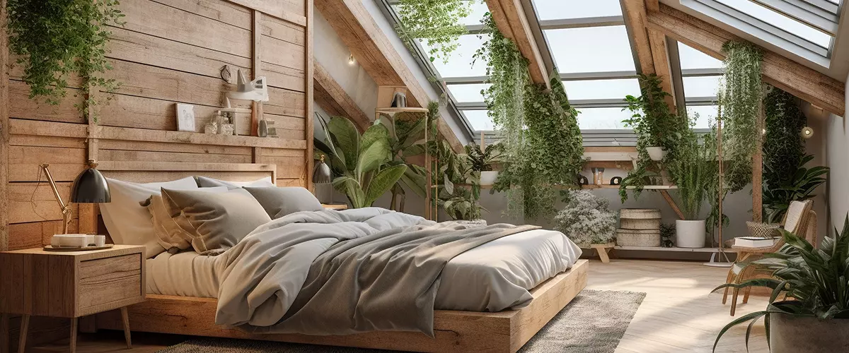 Modern cozy mansard roof wooden bedroom, eco interior design with beige colors and plants.