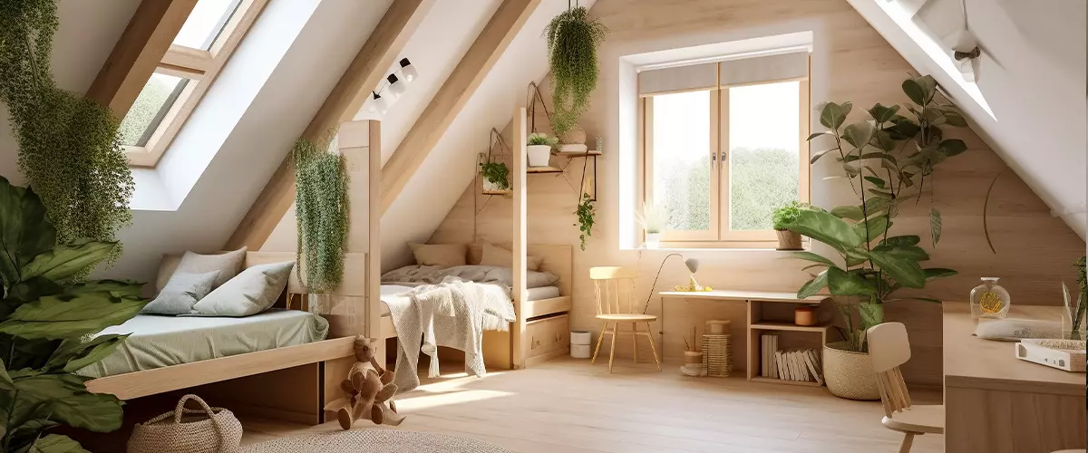 Modern cozy wooden bedroom, eco interior design with beige colors and plants. Super photo realistic background