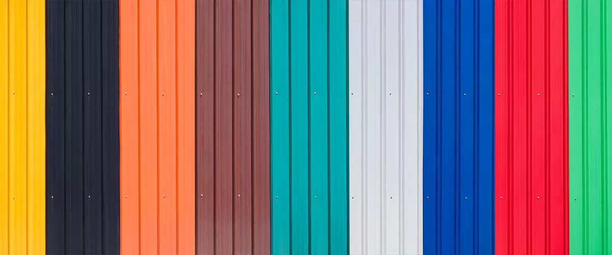 multicolored corrugated metal sheets with polymer coating for wall and roofing in panoramic view