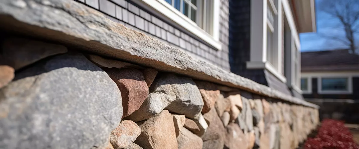 close up of stone foundation details in a shingle style building