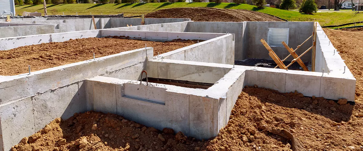 concrete foundation with reinforcement and metal slab construction site, process of house building
