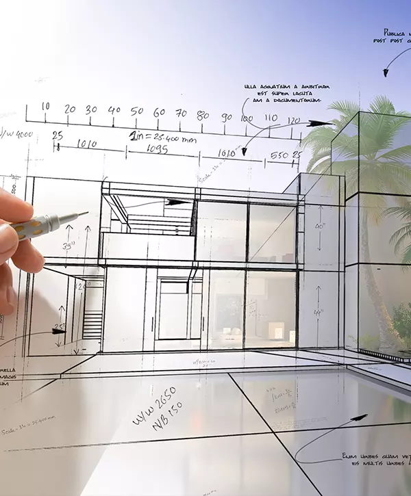 Hand drawing a designer villa with pool, home design