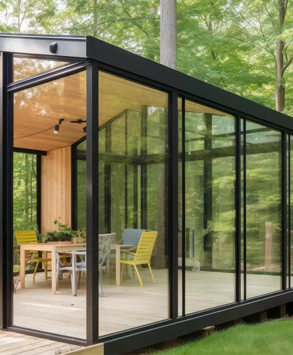 With a modern screen porch, patio chairs, and distant summer forests, home addition