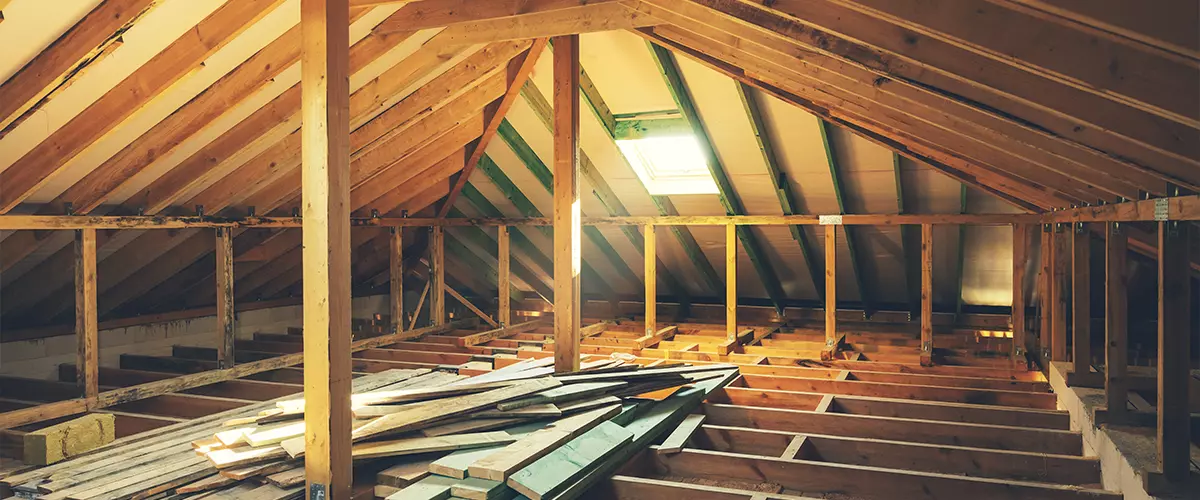 house attic construction. wooden roof beam frame