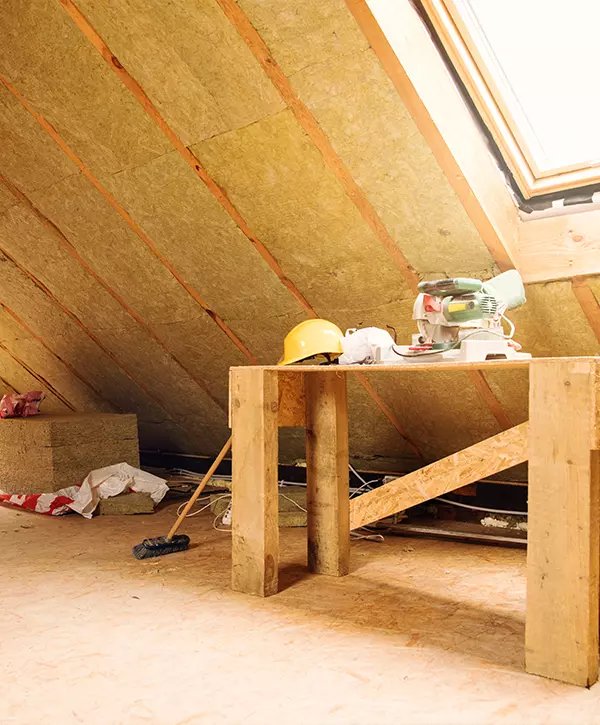 house attic under construction mansard wall insulation, attic insulation