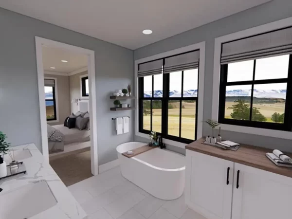 modern white bathtub in a white and gray bathroom with wooden brown countertops, a white marble double sink, and black large windows